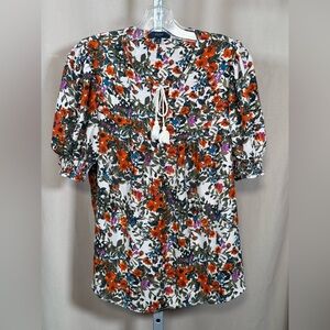 ECLAIR Cream Multicolour Floral Short Sleeve Blouse Ruffled Details Size M